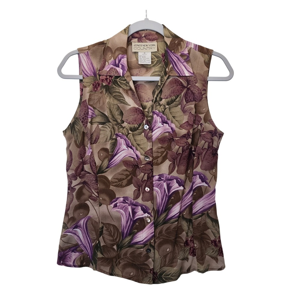 Jones New York Country Womens 8 Silk Sleeveless Blouse Purple Floral Button Up